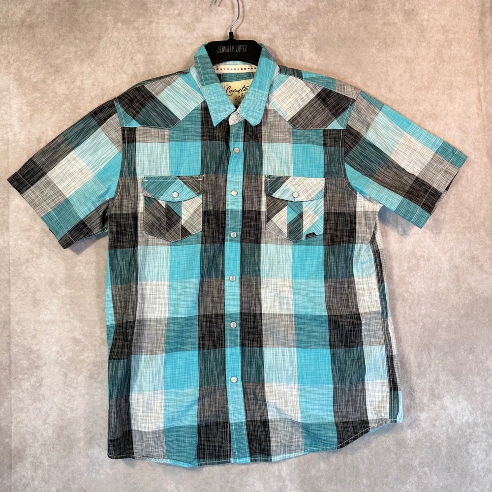 Coastal Pearl Snap Shirt Men Large Blue Plaid SS Skater Western Surf Rockabilly